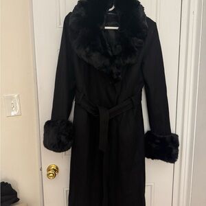 French Connection Black Fur-Trimmed Trench Coat